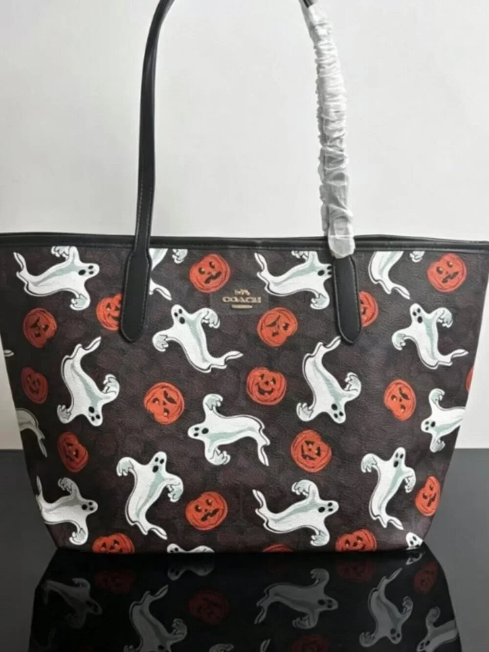 NWT Coach City Tote Bag With Pumpkin Halloween Print CCE69 In Walnut Black